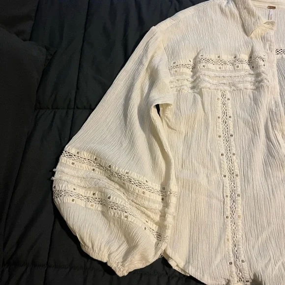 Free People Cream Button-Up Blouse with Lace Details - Picture 5 of 13